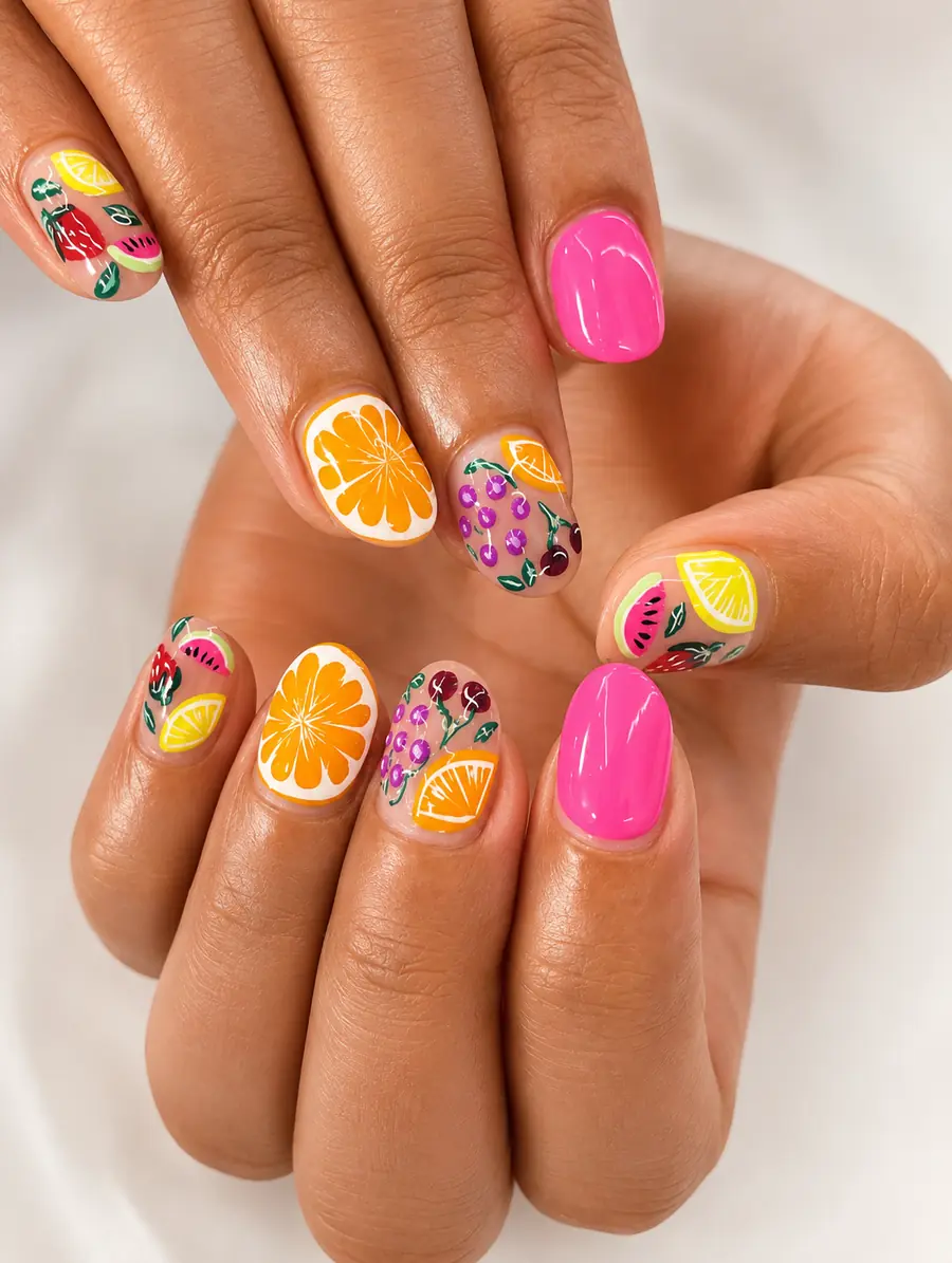 Colorful fruit nail art created at NAILTIFUL Burbank